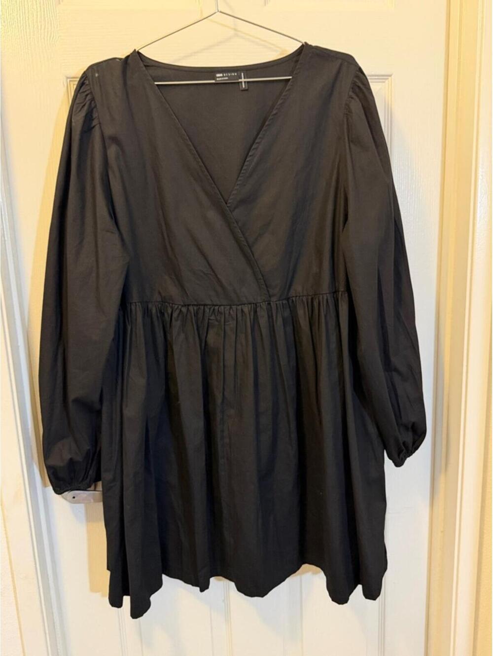 ASOS Black V-Neck Long Sleeve Smock Dress